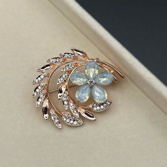 Rose Gold with White Diamond and Opal Crystal Flower and Leaf Pin Back Brooch - Picture 5 of 9